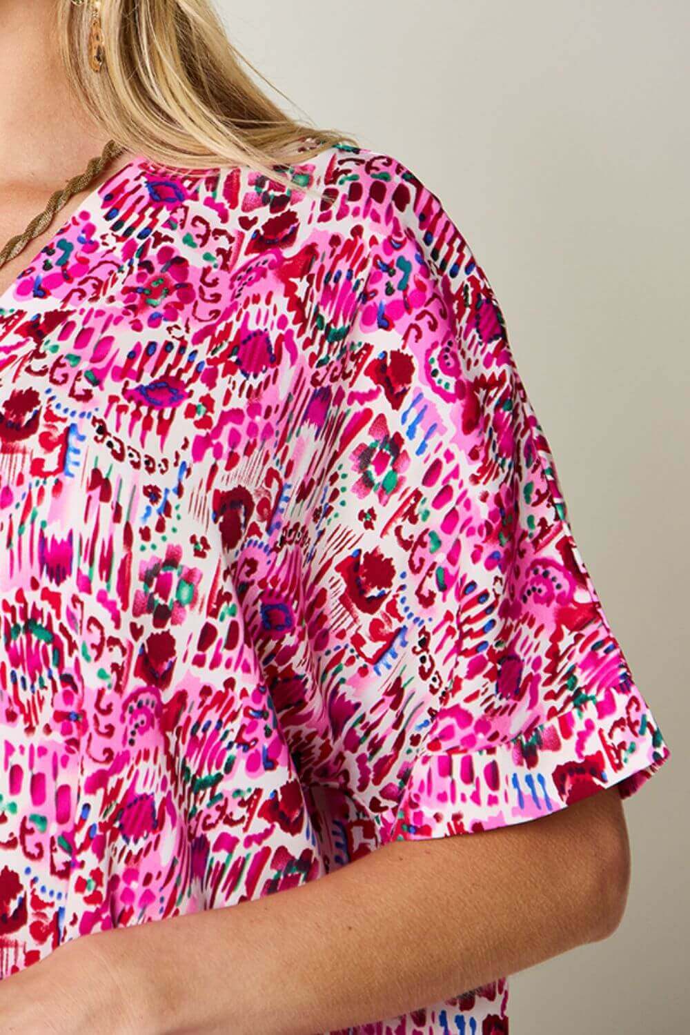 DOUBLE TAKE Full Size Printed V-Neck Short Sleeve Blouse at Bella Road