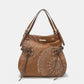 Nicole Lee USA hobo bag with side braided tassel, inlaid rhinestones, and embroidered design in vegan leather