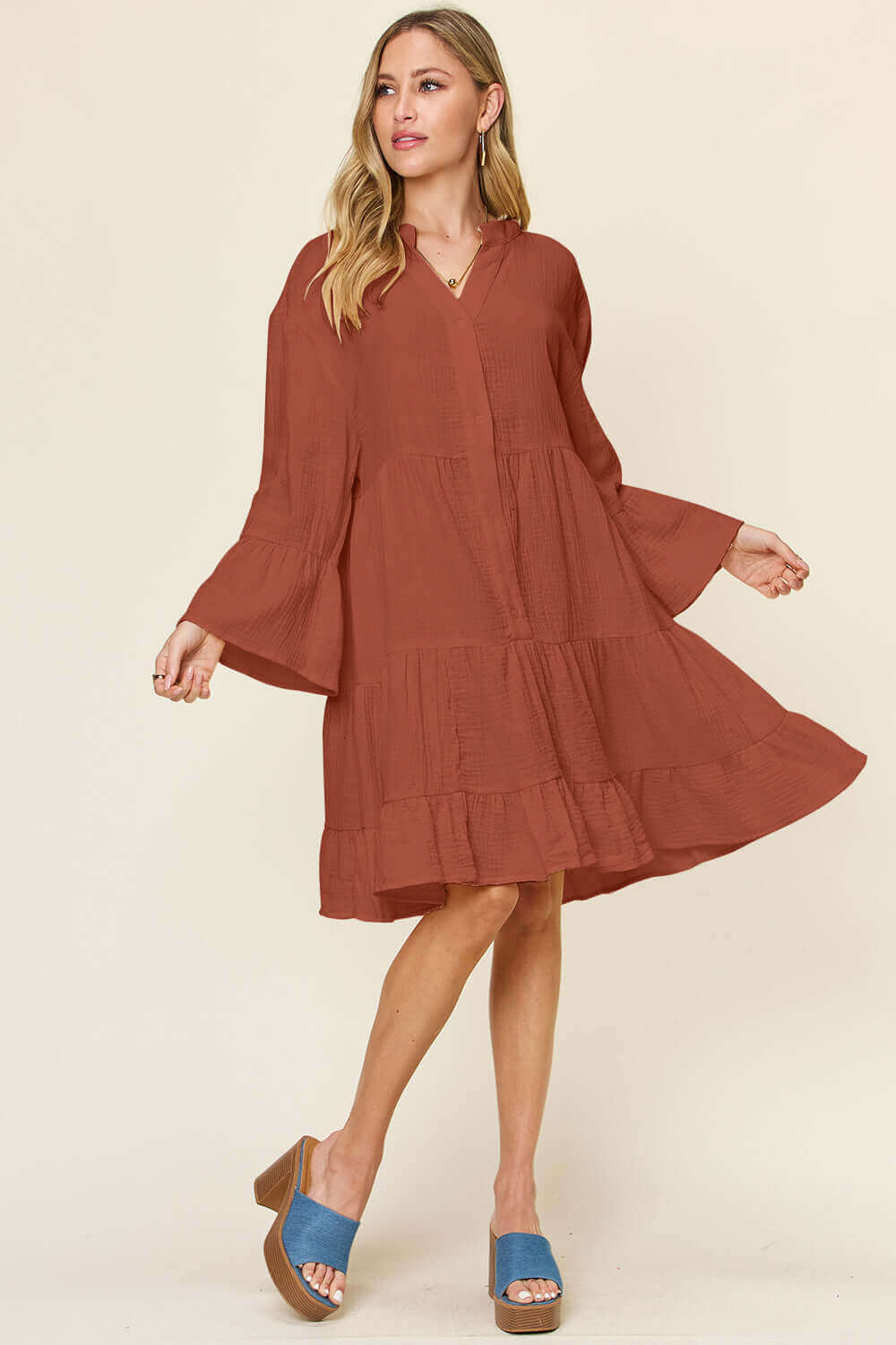 DOUBLE TAKE Full Size Texture Button Up Ruffle Hem Dress at Bella Road