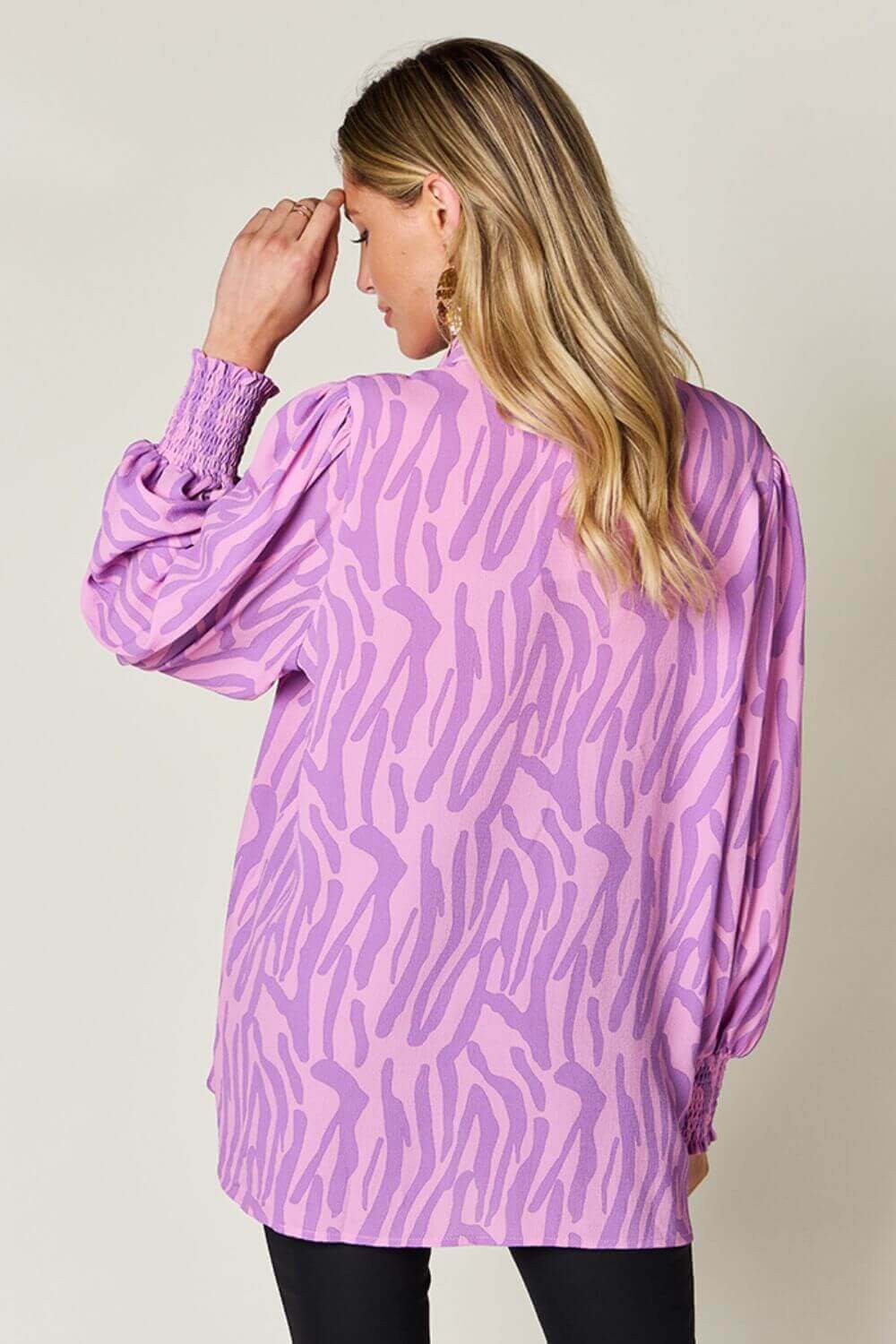 DOUBLE TAKE Full Size Printed Smocked Long Sleeve Blouse at Bella Road