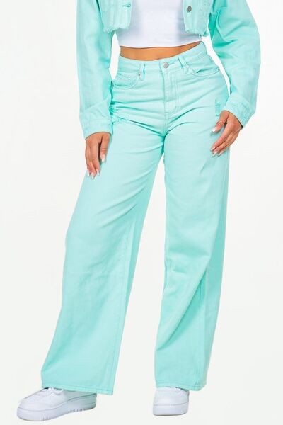 American Bazi high waist distressed wide leg jeans in mint green, perfect for a trendy, chic outfit.