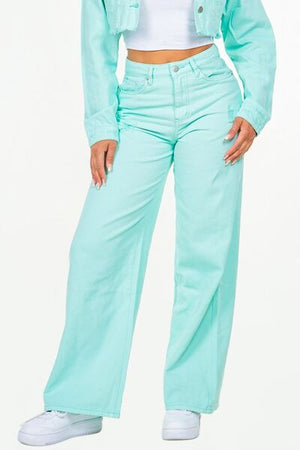 American Bazi high waist distressed wide leg jeans in mint green, perfect for a trendy, chic outfit.