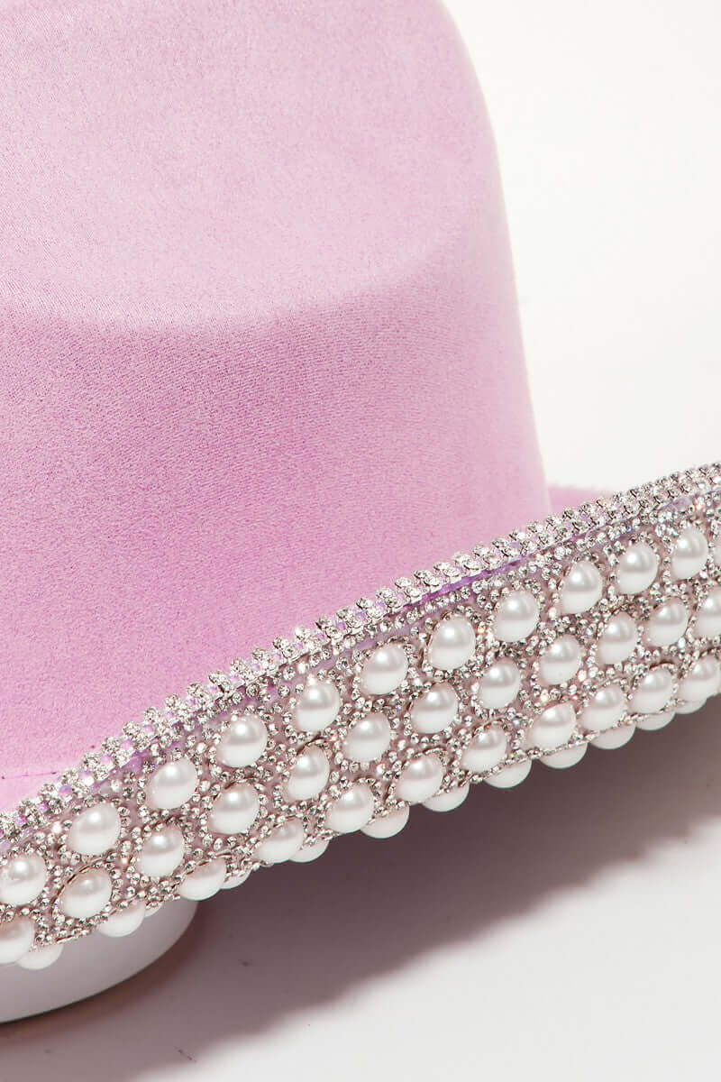 FAME Pave Rhinestone Pearl Trim Cowboy Hat at Bella Road