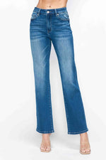 bytos Full Size Cat's Whiskers High Rise Straight Jeans showcasing a flattering fit and unique whisker fading in vibrant blue.