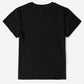 Black graphic round neck short sleeve T-shirt, basic style, 100% polyester, slightly stretchy, machine wash cold, tumble dry low