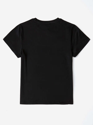 Black graphic round neck short sleeve T-shirt, basic style, 100% polyester, slightly stretchy, machine wash cold, tumble dry low