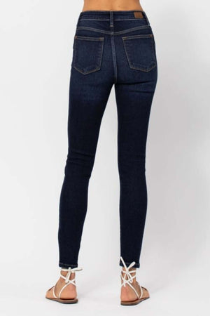 Back view of high waist hand sand skinny jeans by Judy Blue Jeans, showcasing flattering fit and sleek skinny design