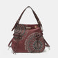 Nicole Lee USA medium hobo bag with braided tassel, inlaid rhinestone embroidery, vegan leather, adjustable straps, and circle charm.