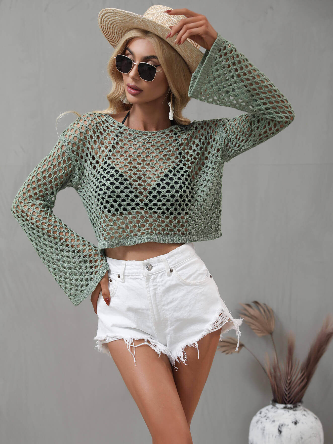 BELLA ROAD Openwork Flare Sleeve Cropped Cover Up at Bella Road