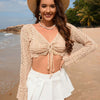 Drawstring Openwork Long Sleeve Cover-Up - Tan