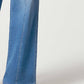 Close-up of wide leg long jeans in solid blue with a chic style, moderate stretch, and full-length design, featuring 75% cotton and 22% polyester.