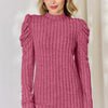 Ribbed Mock Neck Puff Sleeve T-Shirt - Pink