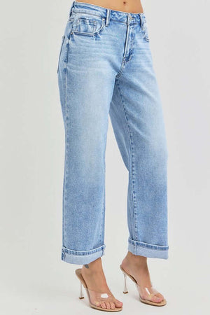 Plus size RISEN cuffed ankle wide leg jeans in light blue, showcasing a relaxed fit and stylish design for effortless fashion.