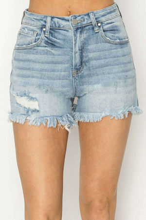 Stylish Risen Jeans raw hem denim shorts with edgy detailing perfect for summer wear.