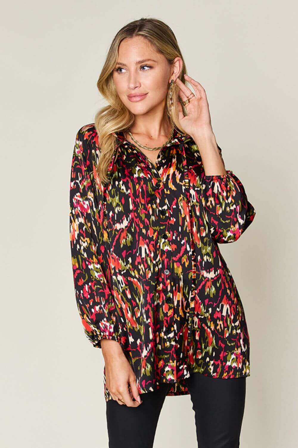 DOUBLE TAKE Full Size Printed Button Up Long Sleeve Shirt at Bella Road