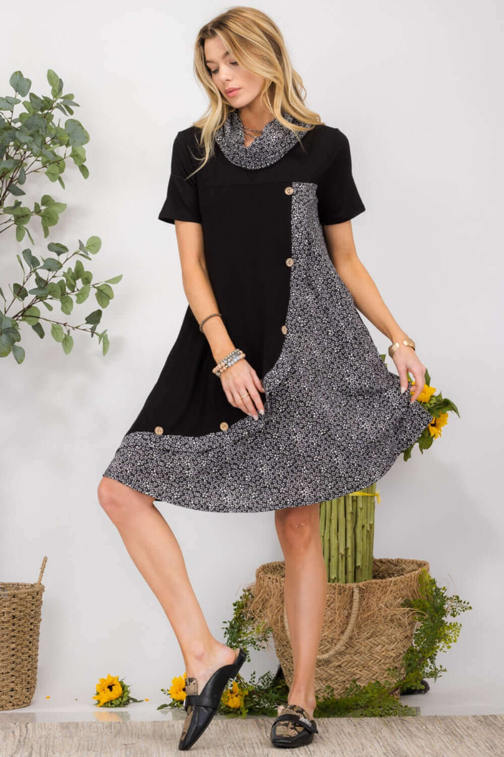 CELESTE Full Size Decor Button Short Sleeve Dress with Pockets at Bella Road