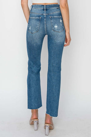 Trendy high rise distressed ankle jeans by Risen Jeans, perfect for a stylish look with a flattering fit and versatile ankle length.