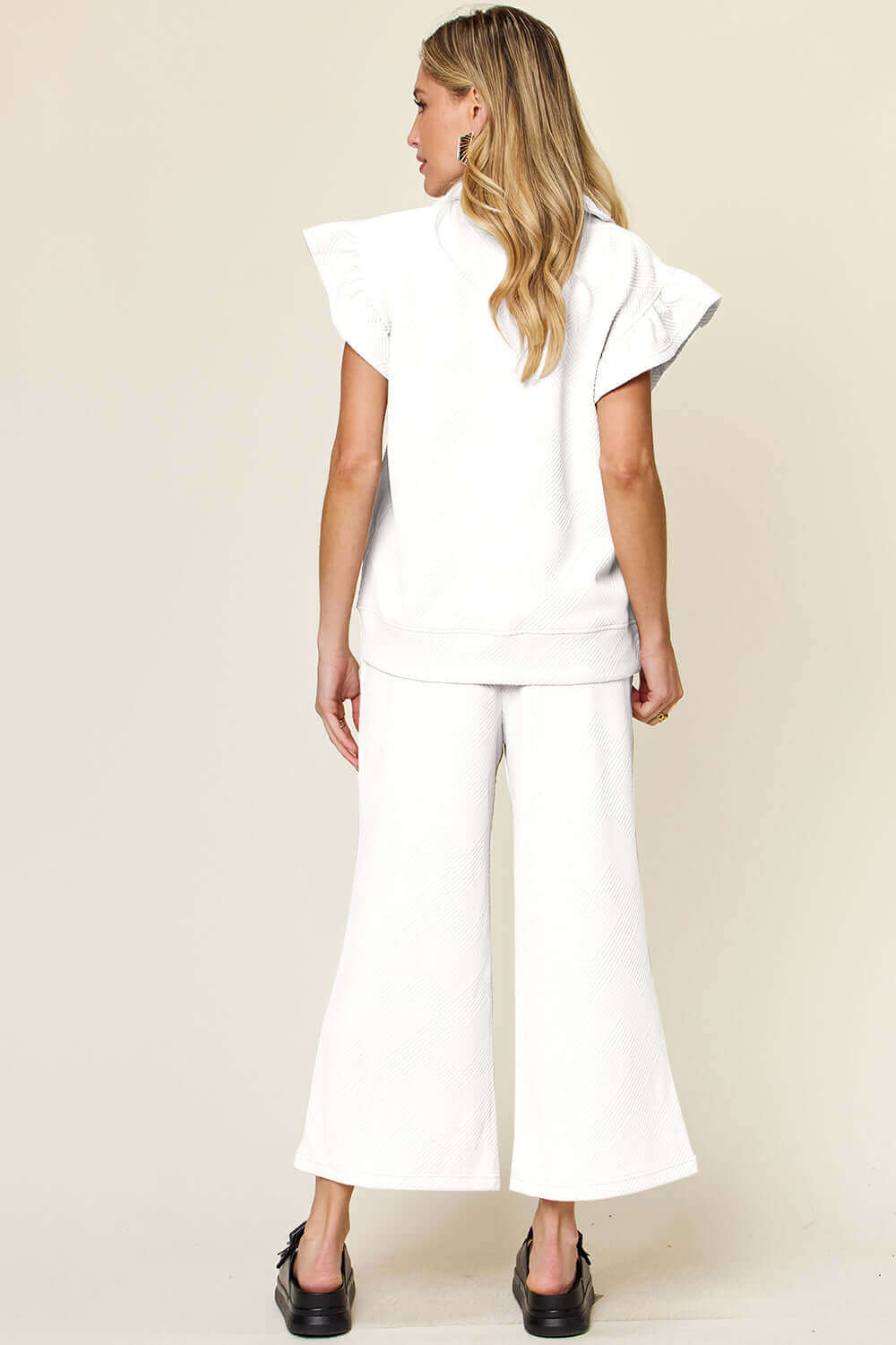 DOUBLE TAKE Texture Ruffle Short Sleeve Top and Drawstring Wide Leg Pants Set at Bella Road