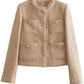 Bella Road Raw Hem Pocketed Round Neck Jacket 100% Polyester Fashionable Layering Buttoned Beige Coat with Pockets