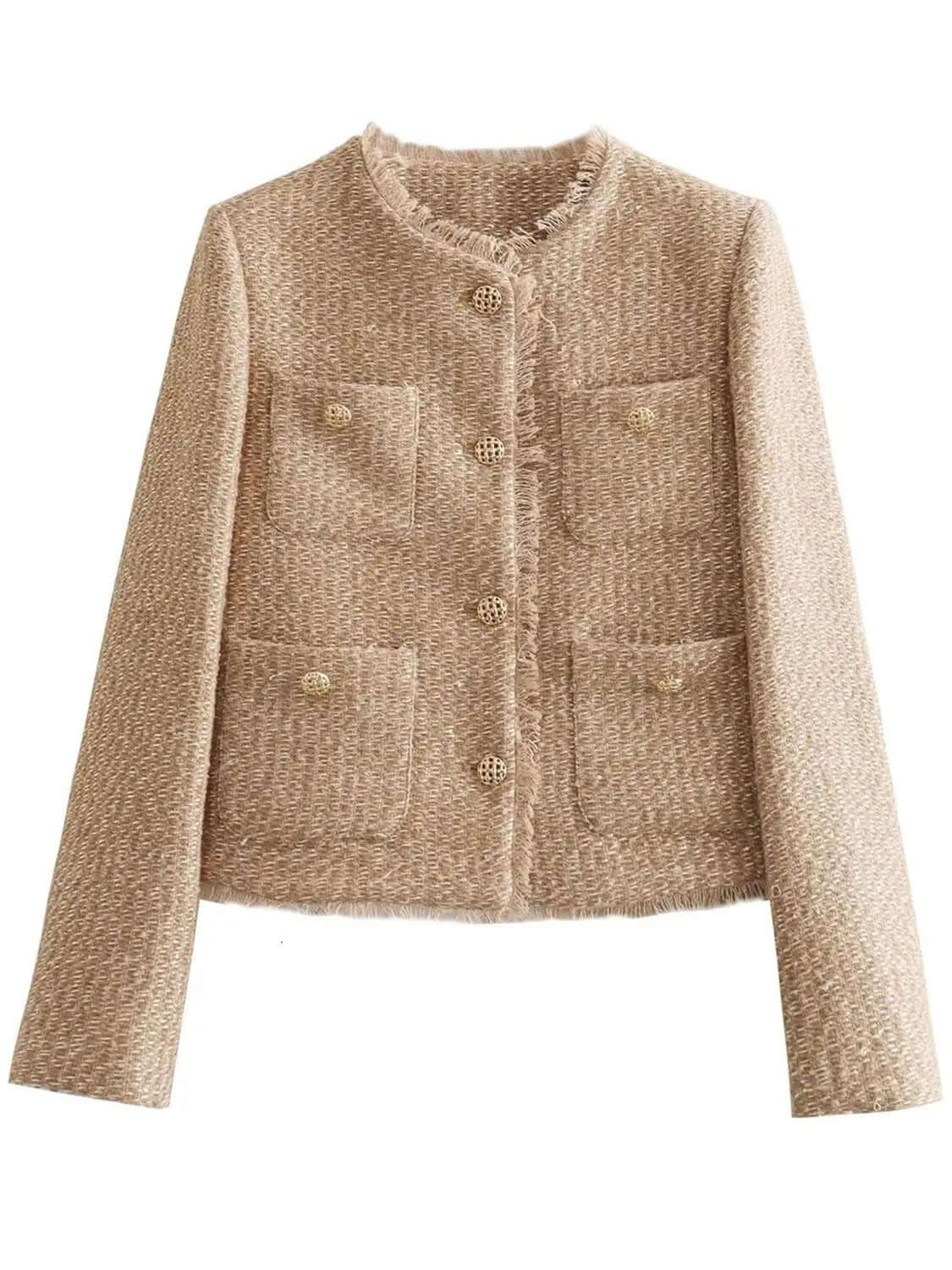 Bella Road Raw Hem Pocketed Round Neck Jacket 100% Polyester Fashionable Layering Buttoned Beige Coat with Pockets