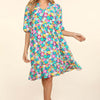 Bubble Sleeve Floral Ruffled Dress - Mint/Fuchsia