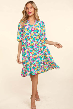 Bubble Sleeve Floral Ruffled Dress