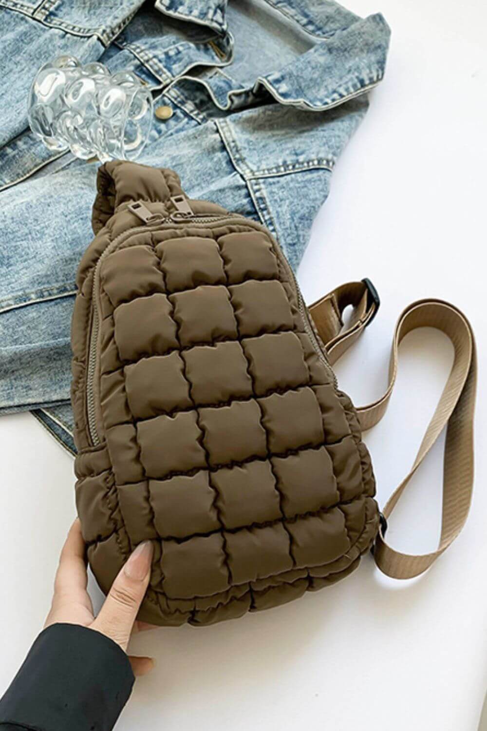 Stylish Bella Road Quilted Nylon Crossbody Bag in brown with adjustable strap, perfect for trendy outfits and adventures.