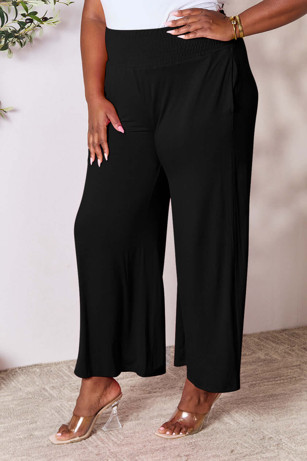 DOUBLE TAKE Full Size Smocked Wide Waistband Wide Leg Pants at Bella Road