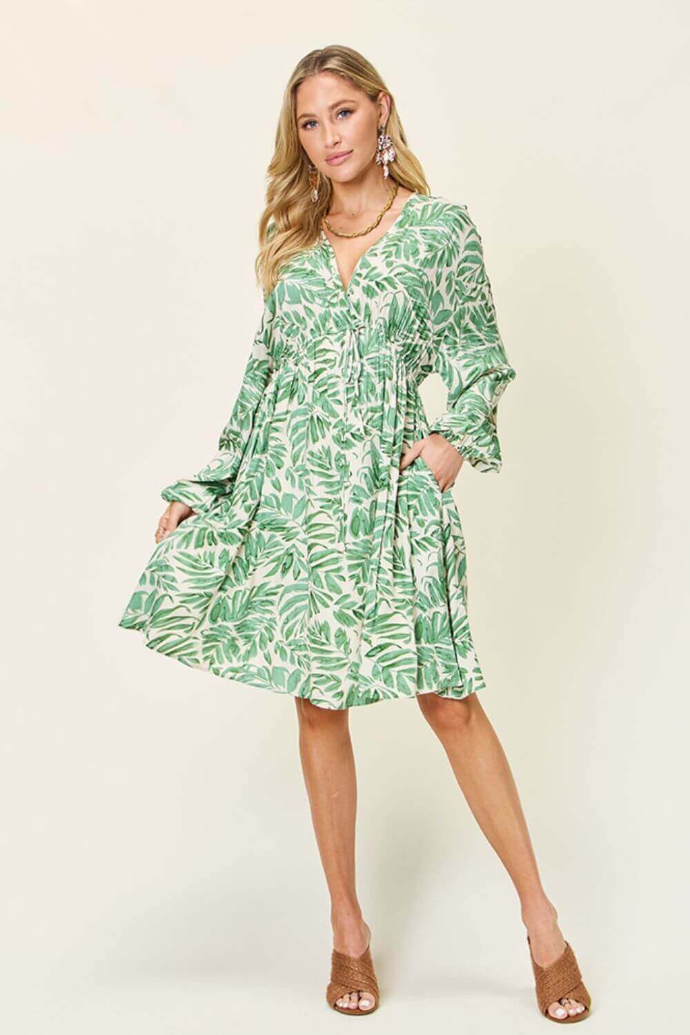 DOUBLE TAKE Full Size Printed Ruched Balloon Sleeve Dress at Bella Road