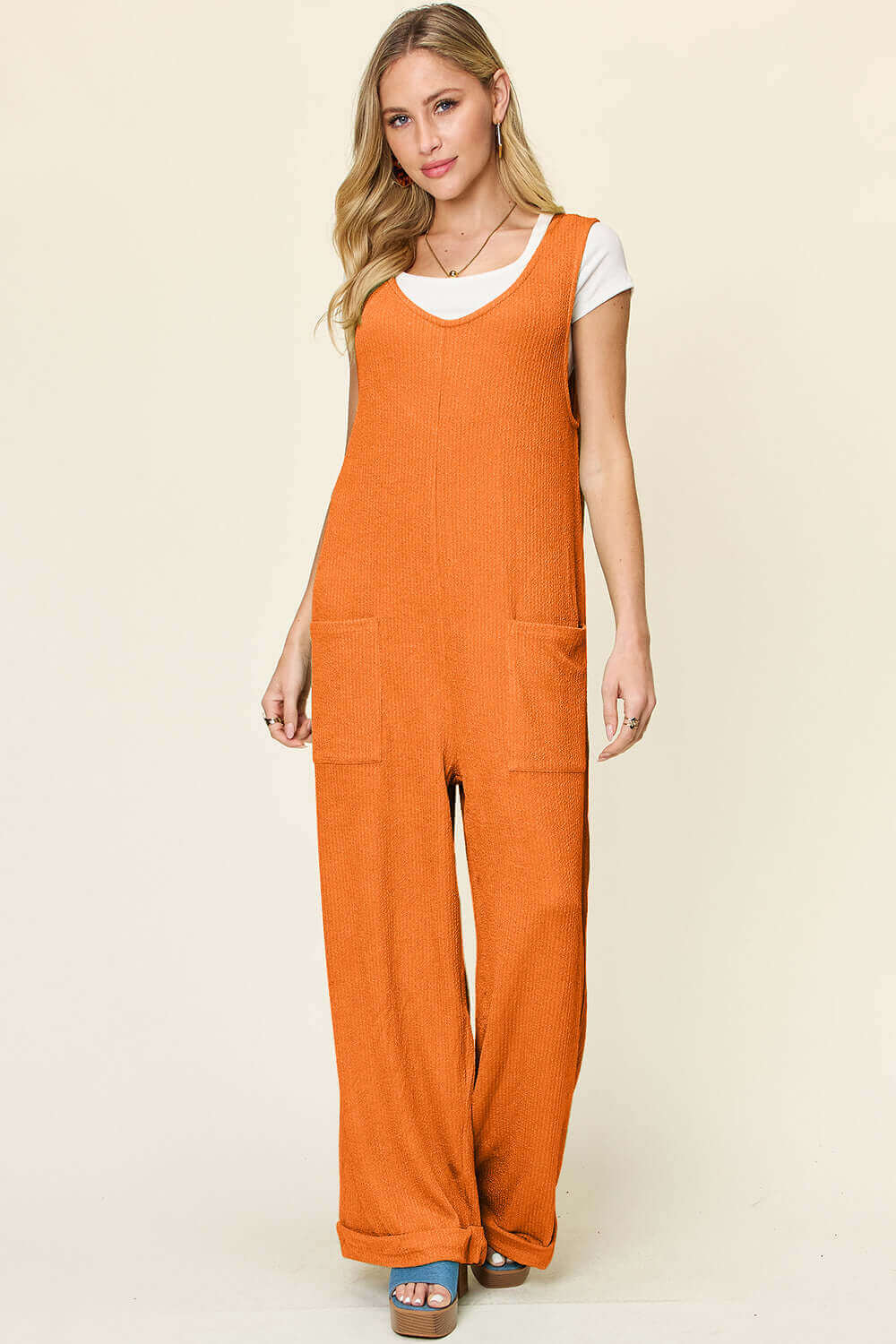 DOUBLE TAKE Full Size Texture Sleeveless Wide Leg Jumpsuit at Bella Road