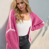 Double Take Contrast Open Front Dropped Shoulder Cardigan - Hot Pink