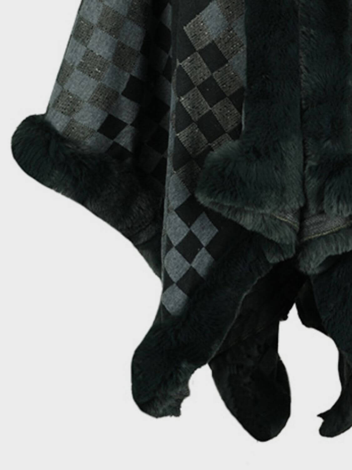 Cozy Bella Road fuzzy checkered long sleeve poncho in dark green, perfect for stylish fall layering.