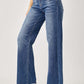 High Rise Frayed Hem Wide Leg Risen Jeans with trendy retro flair, elongating legs and accentuating waist for a stylish, comfortable look