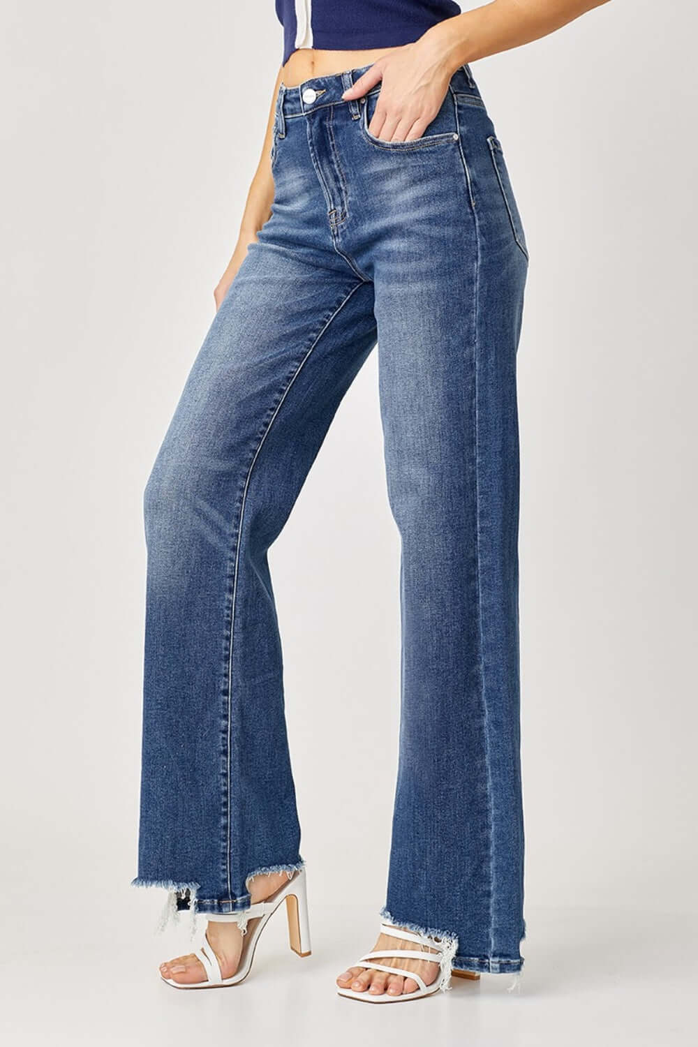 High Rise Frayed Hem Wide Leg Risen Jeans with trendy retro flair, elongating legs and accentuating waist for a stylish, comfortable look