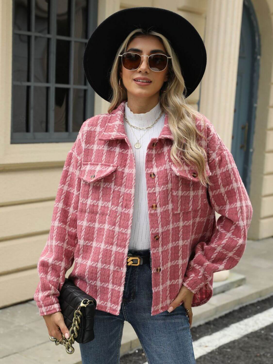 Woman wearing Bella Road Plaid Collared Neck Long Sleeve Jacket with sunglasses and black hat