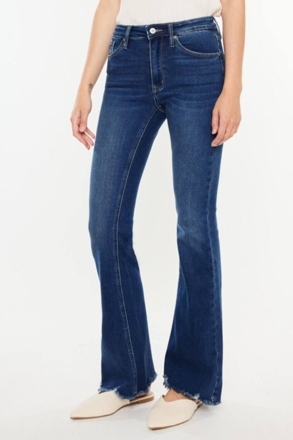 Cat's Whiskers Raw Hem Flare Jeans showcasing stylish flare cut, raw hem design, and versatile fashion for any occasion