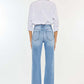 High Waist Raw Hem Straight Jeans in light denim, back view on model, showcasing comfortable high waist and trendy raw hem design.