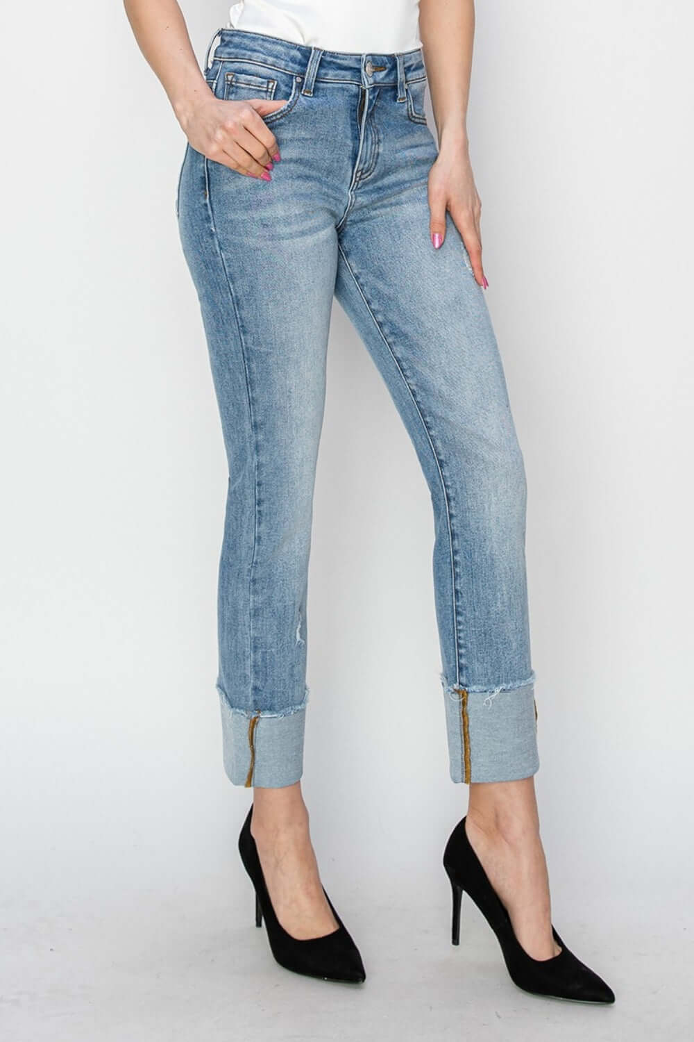 High Rise Cuffed Slim Straight Risen Jeans with Trendy Hem and Flattering Fit