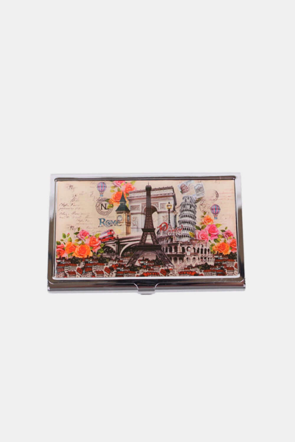 Nicole Lee USA Printed Business Card Case with Eiffel Tower and floral design on the front.