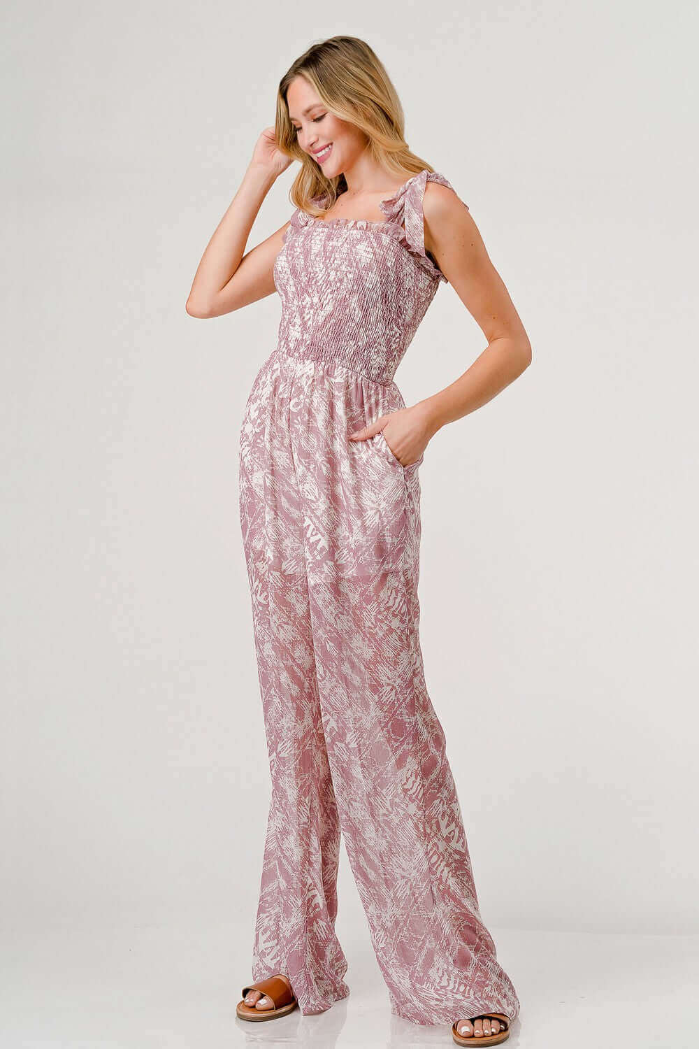 GEEGEE Printed Tie Shoulder Wide Leg Jumpsuit at Bella Road