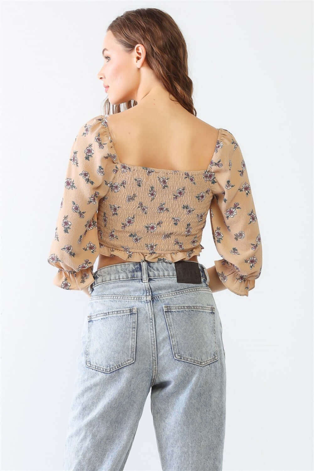 TASHA APPAREL Floral Ruffle Smocked Back Ruched Crop Top at Bella Road