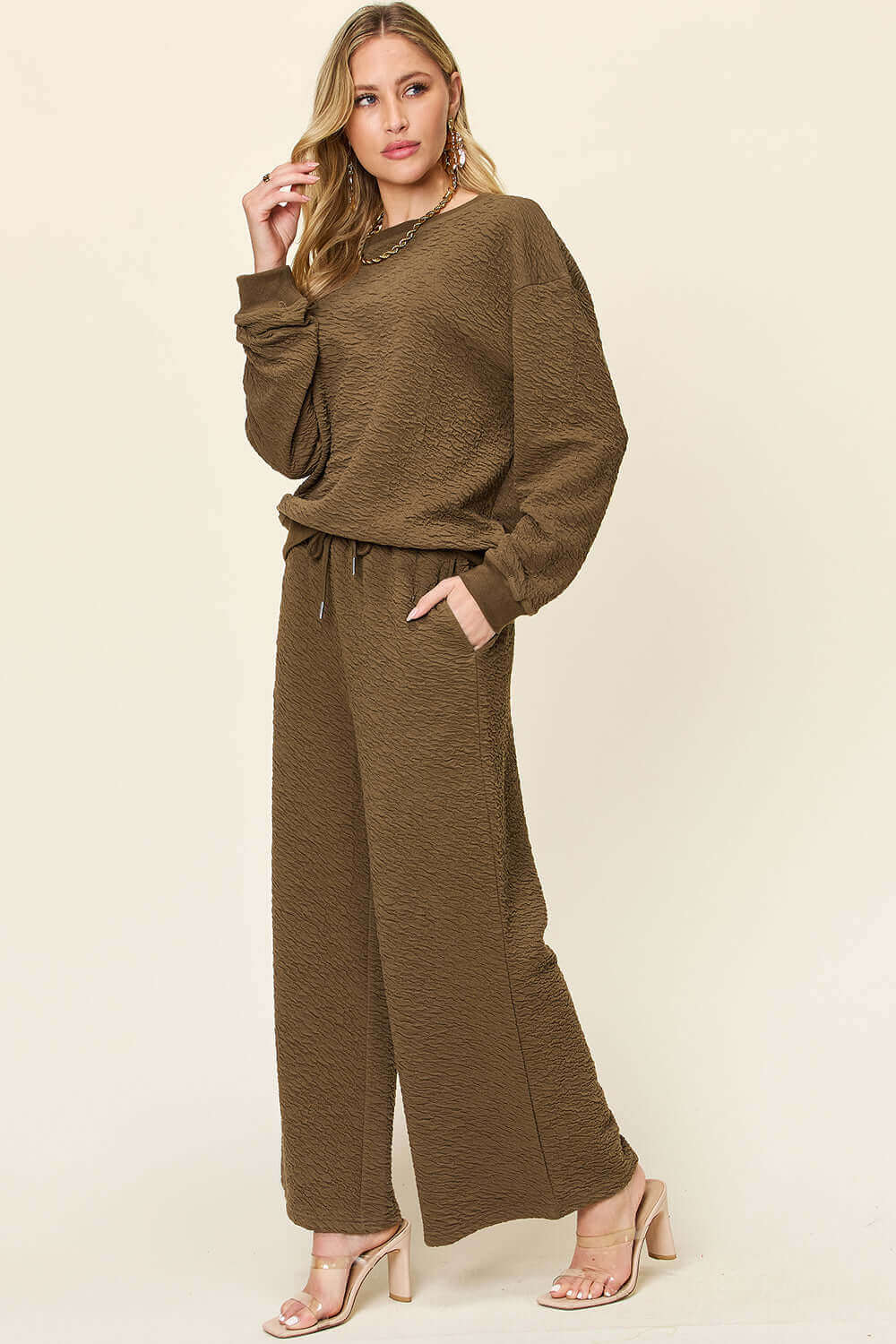 DOUBLE TAKE Full Size Texture Long Sleeve Top and Pants Set at Bella Road