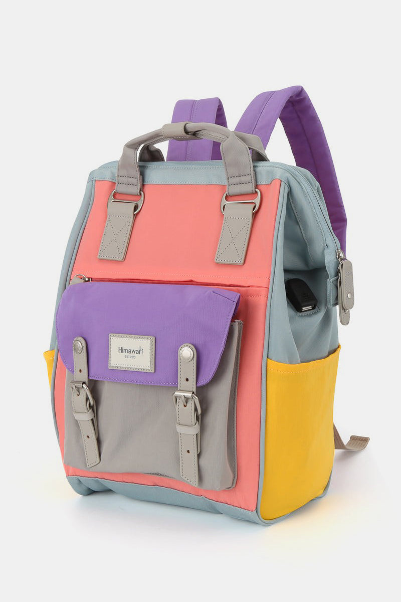 Colorful Himawari Buttercup waterproof nylon backpack with handles, designed for students and travelers, featuring a boxy shape and padded straps.