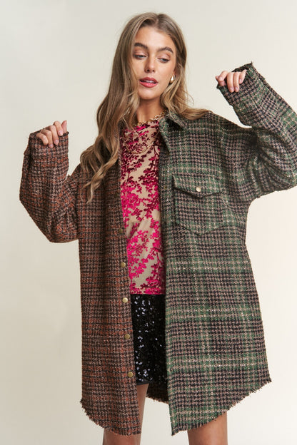 "Model wearing J.NNA snap-down tweed plaid contrast longline shacket, perfect for stylish fall layering."