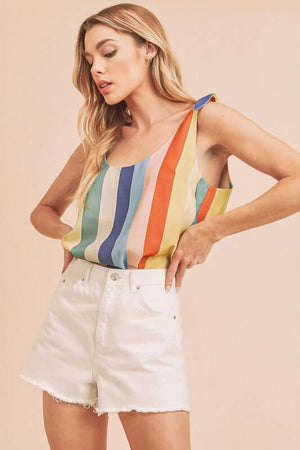 Aemi + Co Contrast Striped Scoop Neck Tie Shoulder Tank with colorful stripes and tie shoulder details.