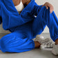 Cozy blue Bella Road zip-up hoodie and joggers set for fall, perfect for lounging or errands. Stylish, slightly stretchy fabric.