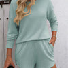 Double Take Round Neck Long Sleeve Top and Shorts Set - Pastel  Blue