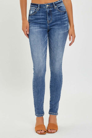 Stylish mid rise ankle skinny jeans by Risen Jeans, highlighting a sleek silhouette and comfortable fit. Perfect for showcasing your favorite footwear.