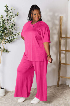 DOUBLE TAKE Full Size Round Neck Slit Top and Pants Set at Bella Road