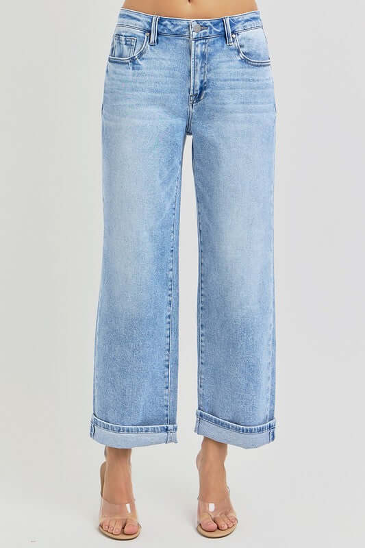 RISEN plus size cuffed ankle wide leg jeans in light wash denim, perfect for a trendy and relaxed look.